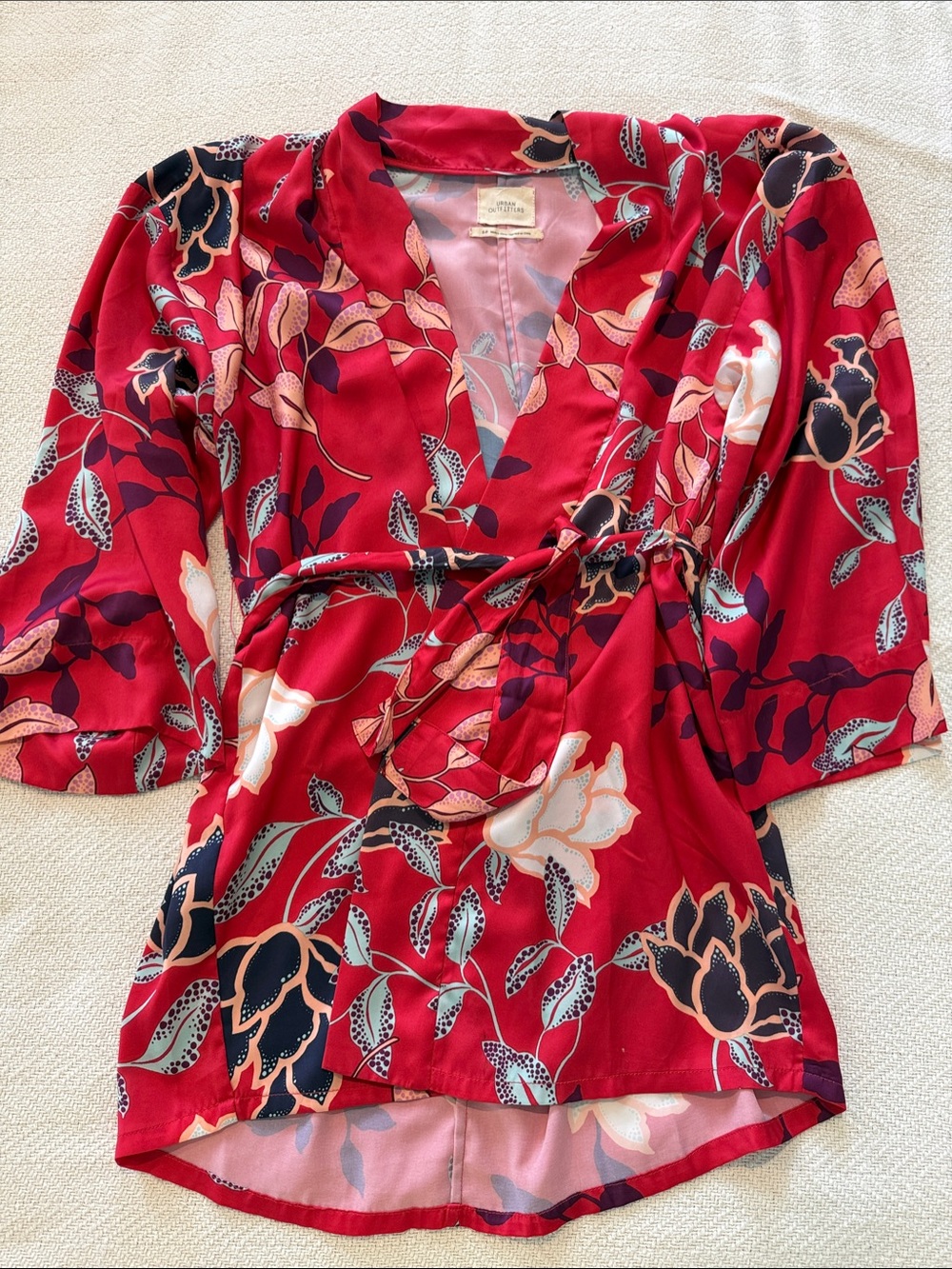 Urban Outfitters Red Floral Wrap Kimono Robe with Tie
